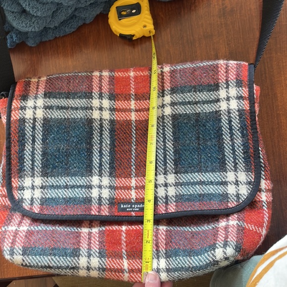 Kate Spade Wool-Plaid bag, navy-orange- cream outside, orange leaf deign inside. - Picture 10 of 13